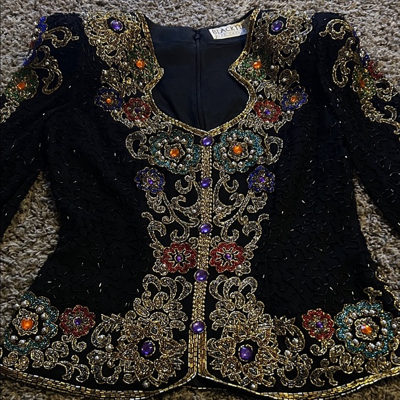 1980s Oleg Cassini Black Tie Multicolor Embellished Top - Picture 2 of 7